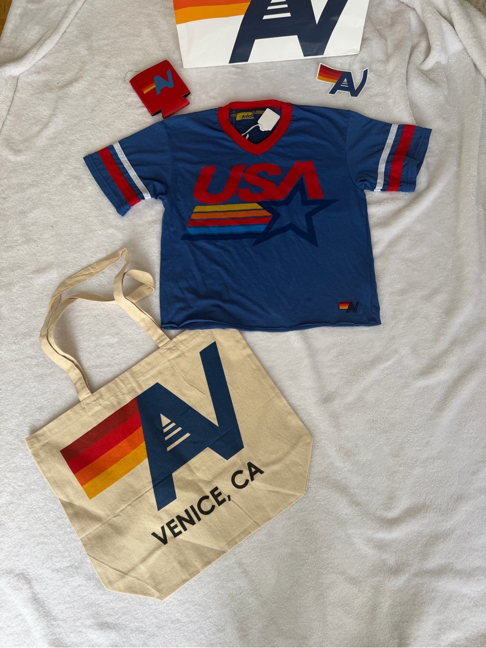 NWT Aviator Nation USA STAR VNECK JERSEY BOYFRIEND TEE - Small + TOTE Bag
